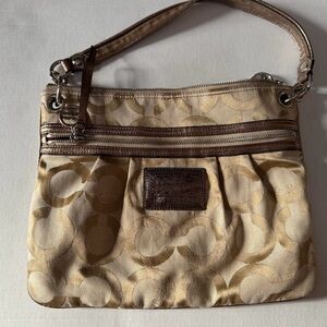 Coach Poppy Signature Tan Shoulder Bag Metallic Trim and Red Satin Lining